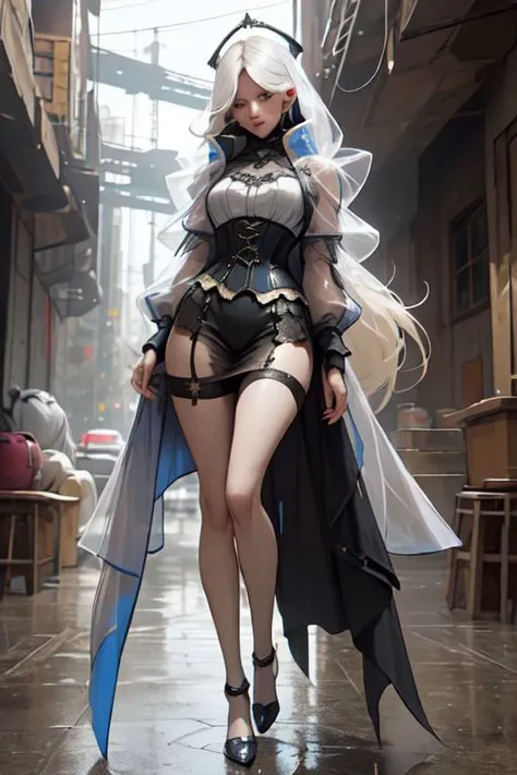 masterpiece, 1woman, skinny, beautiful face, natural body proportions, high detailed, 8k, ultra details, long hair, transparent blouse, stocking, (long loose skirt), corset, (transparent jacket:short), wet hair, outdoor, autumn, full body, heavy rain, transparent coat, busy background, megalopolis, incredible light, realistic light, <lora:nijiMecha:0.5>