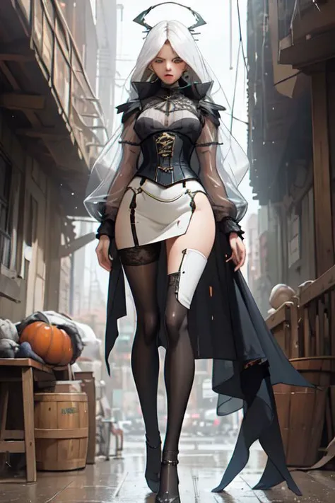 masterpiece, 1woman, skinny, beautiful face, natural body proportions, high detailed, 8k, ultra details, long hair, transparent blouse, stocking, (long loose skirt), corset, (transparent jacket:short), wet hair, outdoor, autumn, full body, heavy rain, transparent coat, busy background, megalopolis, incredible light, realistic light, <lora:nijiMecha:0.5>