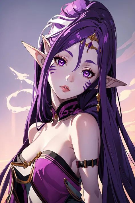 1girl, solo, elf, purple skin, long hair, purple hair color, pointy ears, parted lips, wearing a distinctive dress, head tilt, looking at viewer, facial mark, unique skin tone, medium breasts, with a feminine figure