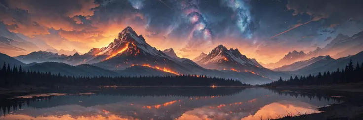 ((masterpiece:1.2, best quality)), wide shot
outside, stunning environment, scenic, breathtaking, 4k uhd, HQ, intricate, max detail, landscape, wide shot, mountains, sky, sunset, water reflections, fire particles, hell, horror, stars, supernova,