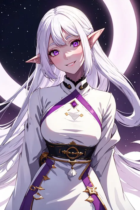1girl, solo, elf, purple skin, medium hair, white hair color, long ears, smiling, wearing a signature dress, head tilt, eye contact, crescent, unique skin tone, medium breasts, with a feminine figure