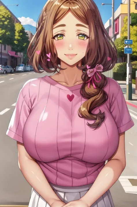 Small breasts, light brown hair punk cute hairstyle, 27 year old woman, romantic smile, Lip gloss, Eyelashes, Glossy face, Glossy skin, Best quality, Pink lips, Eyes with glossy details, Black hair, Semi-long, Tight knitted dresses and elegant, transparent, A detailed face (best quality, ultra detailed, photorealistic: 1.39 ), bright and vibrant colors, studio lighting, romantic expression, seductive, seductive, on a street near the park