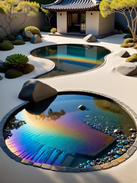 ral-bismut, A serene Zen garden with bismuth rocks, raked sand patterns, and a small pond reflecting the iridescent bismuth colors <lora:ral-bismut-sdxl:0.6>, dynamic, cinematic, masterpiece,