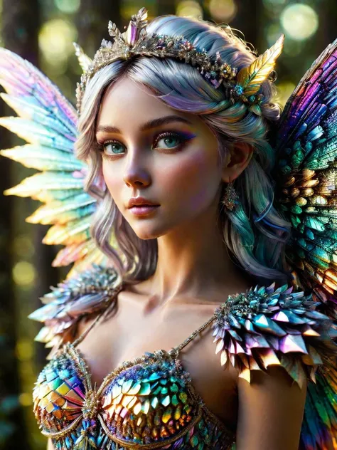ral-bismut,<lora:ral-bismut-sdxl:1>,a beautiful fairy with glittering bismuth wings,upper body,detailed eyes,realistic,forest,bokeh,glowing effect,highly detailed,<lora:add-detail-xl:1>,