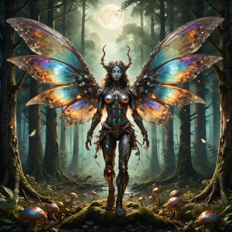 <lora:xl_more_art-full-xl:0.4>, <lora:add-detail-xl:1.4>, <lora:style-bismut-xl-by_ralfinger:0.8>, <lora:envyzoomsliderxl01-xl:-0.8>, ral-bismut, famous artwork by (abbott handerson thayer:1.1), detailed expressive eyes, fantasy style, the mythical clawed etherflibberer with its iconic iridescent wings flarbifying in the moonlight, it often blorfs among the bioluminescent mushrooms and glowing fireflies in the erbelforing forest glades on planet krakenhome prime