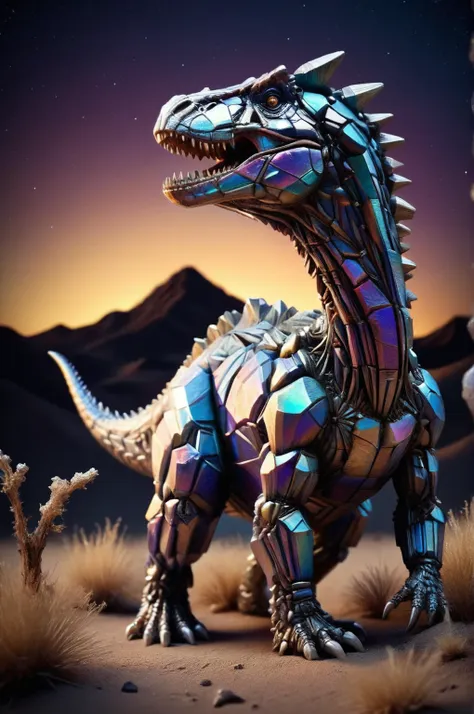 realistic, <lora:ral-bismut-sdxl:1> ral-bismut huge dinosaur in highly detailed desert night, night sky , stars, dead grass