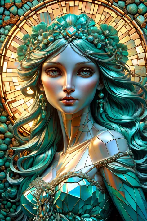 mural of a woman in the style of alphonse mucha made of separate tiles, bright teal neon light shines through the tiles, 3d textures, 3d blocks, 3d shadows <lora:ral-bismut:1> ral-bismut <lora:add-detail-xl:1>, (masterpiece:1.2), best quality, (hyperdetailed, highest detailed:1.2), high resolution textures