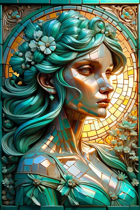 mural of a woman in the style of alphonse mucha made of separate tiles, bright teal neon light shines through the tiles, 3d textures, 3d blocks, 3d shadows <lora:ral-bismut:1> ral-bismut <lora:add-detail-xl:1>, (masterpiece:1.2), best quality, (hyperdetailed, highest detailed:1.2), high resolution textures