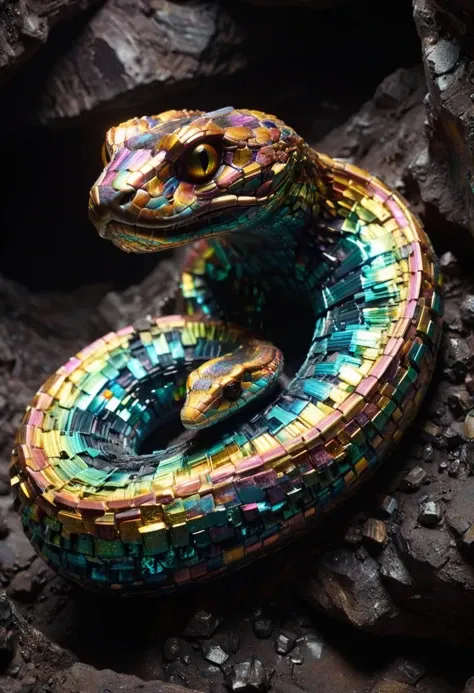 bismuth snake, cave, sunlight, ral-bismut, 8k, F2.8, RAW Photo, ultra detailed, <lora:ral-bismut:0.6> <lora:xl_more_art-full_v1:0.7>