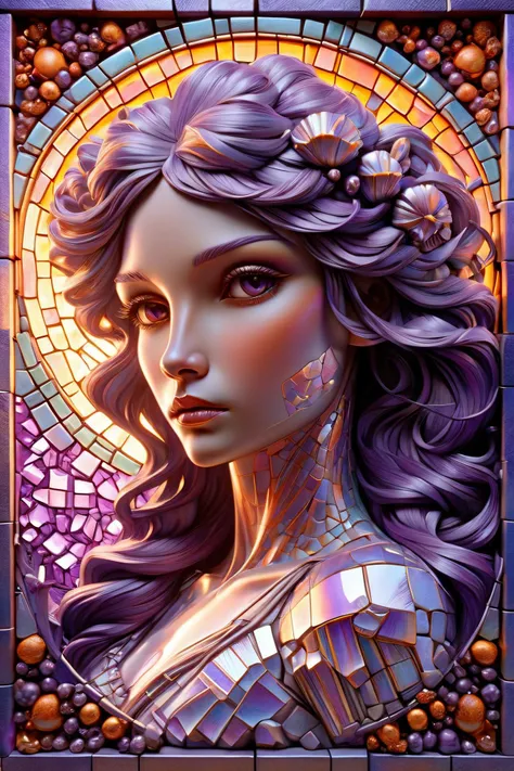 mural of a woman in the style of alphonse mucha made of separate tiles, bright purple neon light shines through the seams, 3d textures, 3d blocks, 3d shadows <lora:ral-bismut:1> ral-bismut <lora:add-detail-xl:1>, (masterpiece:1.2), best quality, (hyperdetailed, highest detailed:1.2), high resolution textures
