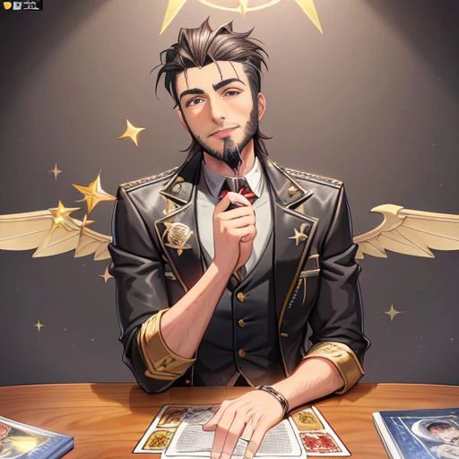 Comic art style of Salvador Larocca,1boy, beard, facial_hair, jacket, looking_at_viewer, male_focus, manly, casual_clothes, solo, stubble, upper_body, angel_wings, lucifer_morningstar, vantablack sequins, tarot card, golden ratio, perfect eyes ,perfect face, rim_lighting, DLSS, FXAA