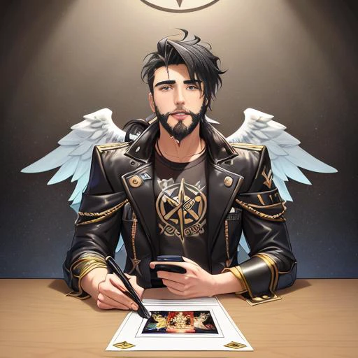 Comic art style of Salvador Larocca,1boy, beard, facial_hair, jacket, looking_at_viewer, male_focus, manly, casual_clothes, solo, stubble, upper_body, angel_wings, lucifer_morningstar, vantablack sequins, tarot card, golden ratio, perfect eyes ,perfect face, rim_lighting, DLSS, FXAA