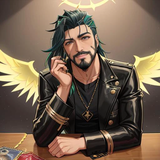 Comic art style of Salvador Larocca,1boy, beard, facial_hair, jacket, looking_at_viewer, male_focus, manly, casual_clothes, solo, stubble, upper_body, angel_wings, lucifer_morningstar, vantablack sequins, tarot card, golden ratio, perfect eyes ,perfect face, rim_lighting, DLSS, FXAA, celtic elements, wild colored hair