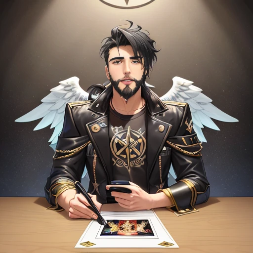 Comic art style of Salvador Larocca,1boy, beard, facial_hair, jacket, looking_at_viewer, male_focus, manly, casual_clothes, solo, stubble, upper_body, angel_wings, lucifer_morningstar, vantablack sequins, tarot card, golden ratio, perfect eyes ,perfect face, rim_lighting, DLSS, FXAA