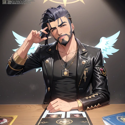 Comic art style of Salvador Larocca,1boy, beard, facial_hair, jacket, looking_at_viewer, male_focus, manly, casual_clothes, solo, stubble, upper_body, angel_wings, lucifer_morningstar, vantablack sequins, tarot card, golden ratio, perfect eyes ,perfect face, rim_lighting, DLSS, FXAA