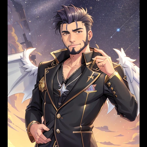Comic art style of Salvador Larocca,1boy, beard, facial_hair, jacket, looking_at_viewer, male_focus, manly, casual_clothes, solo, stubble, upper_body, angel_wings, lucifer_morningstar, vantablack sequins, tarot card, golden ratio, perfect eyes ,perfect face, rim_lighting, DLSS, FXAA