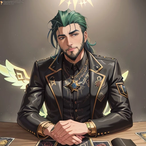 Comic art style of Salvador Larocca,1boy, beard, facial_hair, jacket, looking_at_viewer, male_focus, manly, casual_clothes, solo, stubble, upper_body, angel_wings, lucifer_morningstar, vantablack sequins, tarot card, golden ratio, perfect eyes ,perfect face, rim_lighting, DLSS, FXAA, celtic elements, wild colored hair