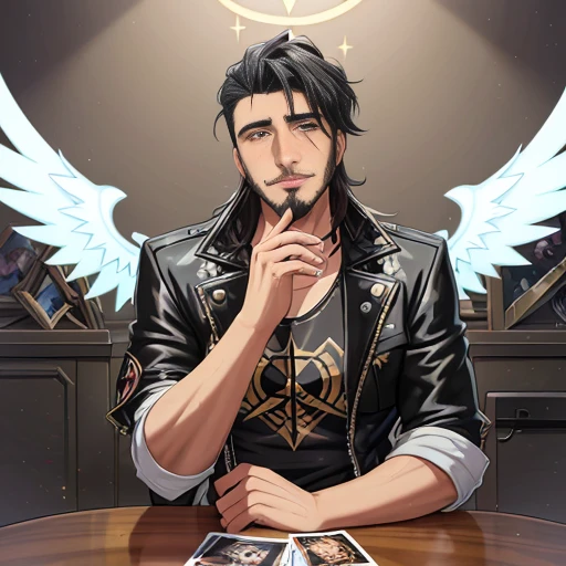 Comic art style of Salvador Larocca,1boy, beard, facial_hair, jacket, looking_at_viewer, male_focus, manly, casual_clothes, solo, stubble, upper_body, angel_wings, lucifer_morningstar, vantablack sequins, tarot card, golden ratio, perfect eyes ,perfect face, rim_lighting, DLSS, FXAA