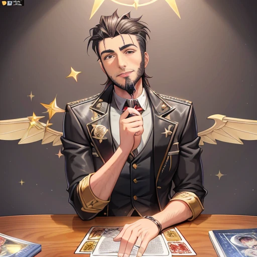 Comic art style of Salvador Larocca,1boy, beard, facial_hair, jacket, looking_at_viewer, male_focus, manly, casual_clothes, solo, stubble, upper_body, angel_wings, lucifer_morningstar, vantablack sequins, tarot card, golden ratio, perfect eyes ,perfect face, rim_lighting, DLSS, FXAA