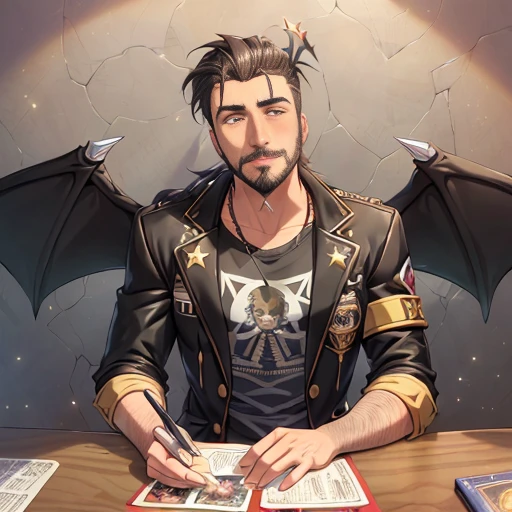 Comic art style of Salvador Larocca,1boy, beard, facial_hair, jacket, looking_at_viewer, male_focus, manly, casual_clothes, solo, stubble, upper_body, angel_wings, lucifer_morningstar, vantablack sequins, tarot card, golden ratio, perfect eyes ,perfect face, rim_lighting, DLSS, FXAA