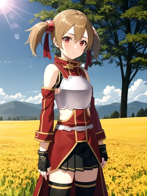 masterpiece, best quality, 1girl, solo, silicabase, brown hair, short hair, twintails, red eyes, armor, pleated skirt, thighhighs, bare shoulders, fingerless gloves, breastplate, standing, outdoors, field, lens flare, detailed background, cowboy shot
<lyco:dssilica_lc:1>
