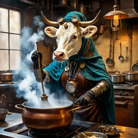 Steampunk, an old humanoid female cow with a shawl on its head standing in the kitchen stirring steaming food in a pot, midjourneyv6.1, retrofuturistic science fantasy, steam-powered tech, vintage industry, gears, neo-victorian, steampunk