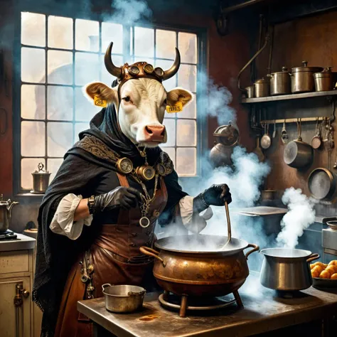 Steampunk, an old humanoid female cow with a shawl on its head standing in the kitchen stirring steaming food in a pot, midjourneyv6.1, retrofuturistic science fantasy, steam-powered tech, vintage industry, gears, neo-victorian, steampunk