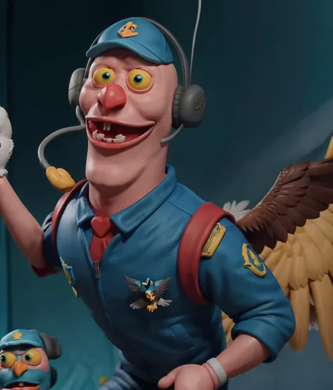 A glorious (claymation eagle) with (beautiful majestic wings) and (beak) named Warren talking to viewer, crooked teeth, wearing a blue baseball hat, red jacket, headset, yellow eyes, (giving a TED talk) that everyone respects and listens to because he's a smart worm, I mean eagle, and he deserves good friends, (confident)<lora:Warren_The_Worm:0.8>