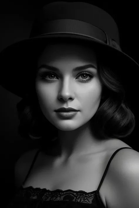 (beautiful woman),[film noir], [full-body shot], [black and white photo], [vintage], [fedora hat],[chiaroscuro lighting], [thriller], (beautiful perfect face),[detailed],[perfect human anatomy],[professional photography],[posing],[cinematic],[40s],[very old elegant clothes]
