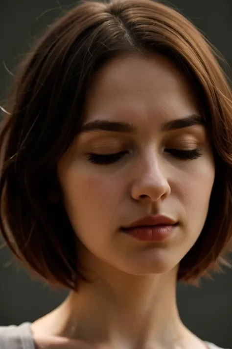 [face closeup],closed eyes,beautiful girl,(golden skin),redhead,short hair,[curly bob cut],dark theme, [detailed skin], empty background,[4k],[full hd],[posing],[sharp image],[high quality],[detailed],[dramatic lighting],[dslr],[professional photographer]