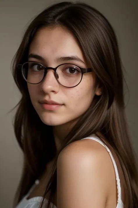 professional, masterpiece, 8k, hyperrealistic portrait of a 20yo cute brunette latin girl, long hair, glasses, (looking shy:1.3), freckles, detailed face, detailed skin, photography, hq, photorealistic,