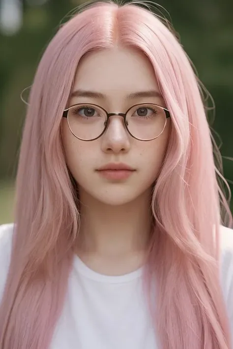 professional, masterpiece, 8k, hyperrealistic portrait of a 20yo cute girl, long hair,pink hair, glasses, (looking shy:1.3), freckles, detailed face, detailed skin, photography, hq, photorealistic,