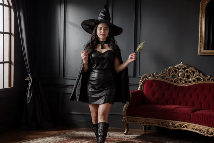 1woman, black hair, center parted long hair, realistic, masterpiece, high detailed skin, wearing random dress, looking at viewer, indoor view, solo
<lora:Black_Witch_By_Stable_Yogi:0.8> black skirt, black t shirt, earrings, boots, witch hat, choker, cape, <lora:ClothingAdjuster3:-1>, (witch castle background)
<lora:emotion_happy_slider_v1:1>, <lora:ass_size_control_v2.0:0.5>, <lora:weight_slider_v2:1>, <lora:breastslider:0>, (<lora:GoodHands-beta2:1>, realistic hands <lora:realistichands:1>), detailed eyes, detailed facial features, detailed shadow, detailed subtle light, detailed background, detailed hands and Detailed 5 fingers and Detailed 5 finger nails, <lora:EnhancedDetail:0> <lora:age_slider_v6:0> <lora:Milf:0> <lora:contrast_slider_v10:0>, <lora:Detail Slider V2 By Stable :0.3> <lora:NOISEOFFSET_V2_BY_STABLE_YOGI:0.3>,