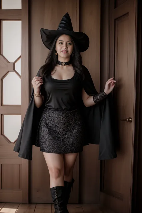 1woman, black hair, center parted long hair, realistic, masterpiece, high detailed skin, wearing random dress, looking at viewer, indoor view, solo
<lora:Black_Witch_By_Stable_Yogi:0.8> black skirt, black t shirt, earrings, boots, witch hat, choker, cape, <lora:ClothingAdjuster3:-1>
<lora:emotion_happy_slider_v1:1>, <lora:ass_size_control_v2.0:0.5>, <lora:weight_slider_v2:1>, <lora:breastslider:0>, (<lora:GoodHands-beta2:1>, realistic hands <lora:realistichands:1>), detailed eyes, detailed facial features, detailed shadow, detailed breasts and (detailed hard nipples) and detailed areolas, detailed hands and Detailed 5 fingers and Detailed 5 finger nails, <lora:EnhancedDetail:0> <lora:age_slider_v6:0> <lora:Milf:0> <lora:contrast_slider_v10:0>, <lora:Detail Slider V2 By Stable :0.3> <lora:NOISEOFFSET_V2_BY_STABLE_YOGI:0.3>,