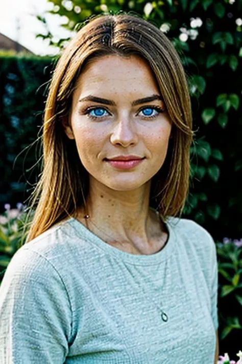 photo realistic, a beautiful woman, blue eyes, perfect face, in a garden