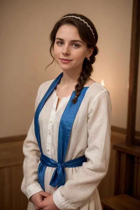 Ancient Hanukkah \(style\) photo of fit, thin 21 year old jp-Fluer ,Simple braid, natural look, Traditional Hebrew linen garment with sash, accented with blue, Stone temple with oil lamps, Digital, 50mm f/1.8, 1/125s, ISO 200