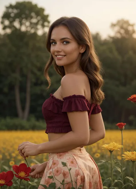 <lora:Mary Ann_dawma3:0.8> dawma3,, (32K resolution, masterpiece, ultra high quality, best quality, ultra high definition, perfect anatomy, Incredibly detailed, RAW, ultra super realistic, photorealistic, cinematic lighting, exquisitely detailed, extremely intricate, 8k UHD, high resolution), (1girl), cropped off-shoulder tank top, skirt, elegant hair, standing in the middle of a flower field, seductive smile, dynamic vivid colors