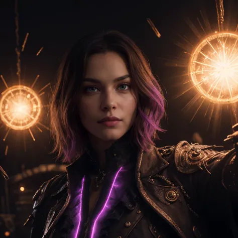 ((best quality)), ((masterpiece)), ((realistic)),(1girl),(sexy), Choppy layers, dark blonde hair, (style-swirlmagic:1.0), looking down, solo, half shot, detailed background, detailed face, (<lora:PunkBundleAI:0.4>, steampunkai, steampunk theme:1.1) evil sorcerer, tattered Neon Pink magical robes, determined expression, purple color scheme, dark purple light, summoning circle, bookshelves, glowing magical text, dark atmosphere, shadows, realistic lighting, floating particles, sparks, surrounded by yellow lightning <lora:LightningvfxCreateMore_v1:0.1>, casting spell, summoning, green arcane symbols, power-hungry eyes, bloom, , photorealistic, (hyperrealistic:1.2), ultra detailed, ultra sharp, intricate, highly intricate details, realistic light, shadows, digital photography,(extremely intricate), ornaments detailed, 8k UHD, DSLR, high quality, perfect lighting, stunning detail, masterpiece