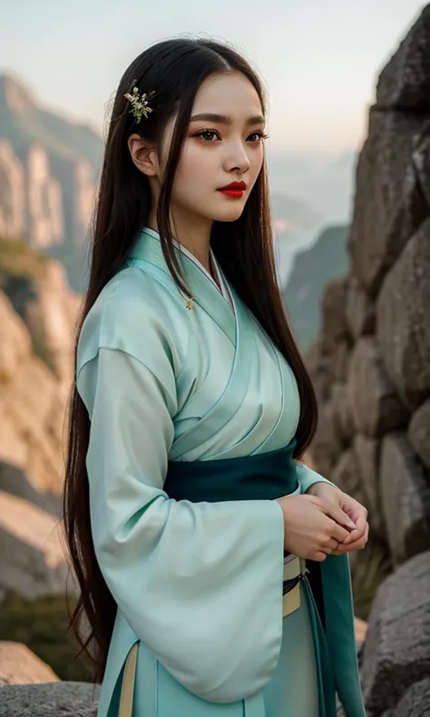(RAW photo:1.1), (photorealistic:1.4), (best quality:1.4), (absurdly long hair), fb, (long eyelashes, dark eyeliner, dark eye shadow, red lipstick), beautifully detailed, professional photography, (ultra detailed), (beautiful detailed eyes:1.3), detailed face, delicate face, smooth face, (detailed facial features), absurdres, 8k, (extremely delicate and beautiful), (highly detailed skin), detailed nose, detailed mouth, (beautiful hands:1.2), (detailed fingers), physically-based rendering, high resolution, uhd, dslr, cinematic lighting, high quality, depth of field, sharp focus, film grain, Fujifilm XT3, (green hanfu:1.3), (standing:1.3) on a mountainside, Realistic, hyperreal, real life, real, ultrarealistic, Realism, hyper real, ultra real