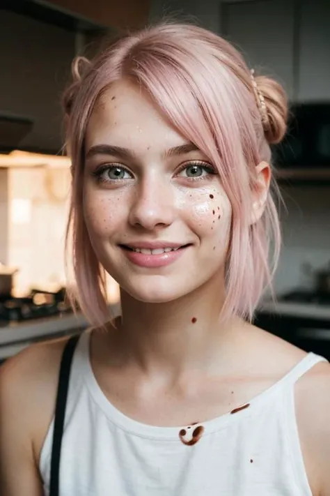 professional, masterpiece, 8k, ISO:100, 35mm, hyperrealistic portrait of a beautiful woman with light pink hair, (beautiful face: 2.0), messy hair, strands in face, hair in bun, full lips, detailed face, detailed skin, photography, hq, photorealistic, ((fire burning in kitchen background: 1.3)), low angle shot, , upper body, cinematic, soft lighting, afternoon light, light in eyes, (fake smile: 1.3), ((whole face full of food splatter: 1.0)), food explosion, burnt food, smokey room, ((food bits on face and body: 2.0)), (food pulp on hair and clothes: 1.0),