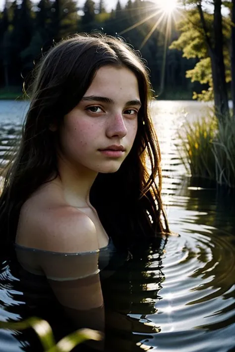 close up portrait of a long haired teenage bathing in a lake, reeds, (backlighting), realistic, masterpiece, highest quality, lens flare, shade, bloom, [[chromatic aberration]], by Jeremy Lipking, by Antonio J. Manzanedo, digital painting