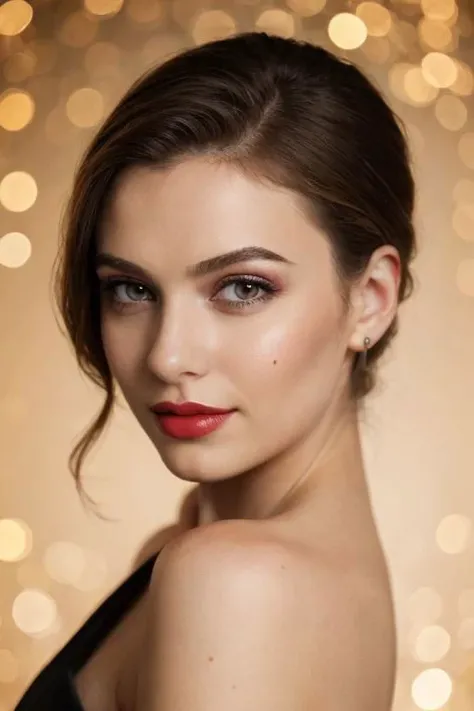 (masterpiece, best quality:1.4),thin lips,(Bright red lipstick:0.75),beauty,half top,realistic skin details visible,make up for festive party, gold ,bokeh background ,