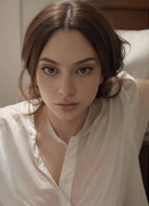 The most beautiful brunette in the world, men instantly fall in love with her, She is 25 years old, ponytail hairstyle, in a beautiful black robe, on the bed , the look is half-closed with pleasure, wants sex, looks at the camera