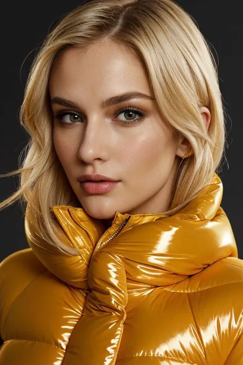 A stunning portrait of a young, slim, European woman with blonde hair, radiating elegance and beauty. She is dressed in a fashionable, colorful, shiny and glossy puffer down outfit. ((High Yoked)). The lighting is soft, highlighting her features and emphasizing the glossy texture of her clothes. Cinematic lighting, very cold, high resolution, winter fashion, realistic shading, digital painting, artstation, ((tempting)). clothes by moncler, (by pyrenex, by parkasite, by superdry).