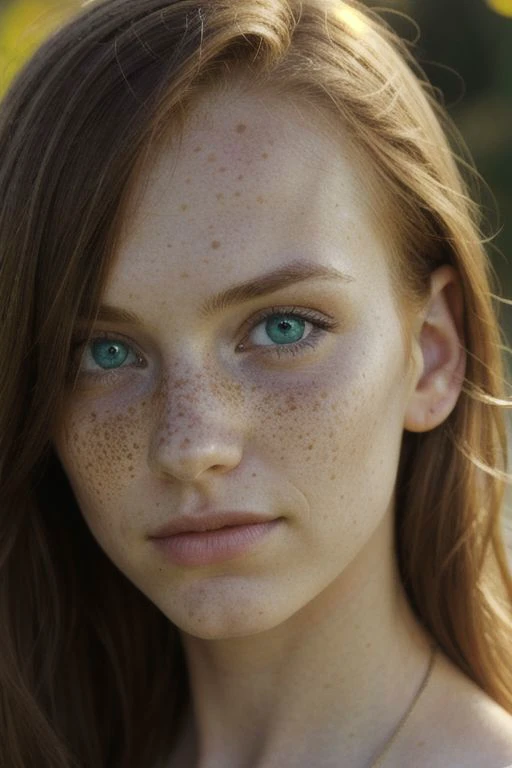 cinematic film still, close up, model face, narrow chin, high cheek bones, freckles, photo of redheaded girl near grasses, fictional landscapes, (intense sunlight:1.4), realistic detail, brooding mood, ue5, detailed character expressions, kind demeanor, slight smile, kind eyes, detailed lips, separated lips, upper teeth only, light amber and red, amazing quality, wallpaper, analog film grain, teenager, beautiful face, full lips, charismatic expression, blue eyes, hair cover one eye, squinting eyes, green eye shadow, smooth skin, natural beauty, slight breeze, detailed eyes,