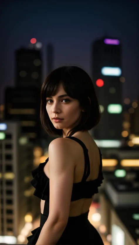 (best quality, high quality, photograph, hyperrealism, masterpiece, 8k:1.3), 1girl, Serbian, burly, nsfw, frilled dress, bob hair, pained, City Lights, The glittering lights of a cityscape, providing a backdrop for urban romance, trending on Pixiv, concept art, shot by helmut newton, from above