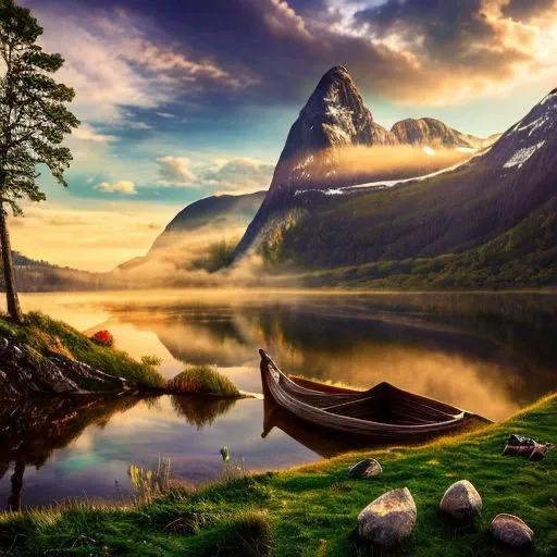 8k breathtaking view of a shored Viking Boat laying on grass, Njardar (Sognefjord) , milky haze, morning lake mist, masterpiece, award-winning, professional, highly detailed in yvonne coomber style, undefined