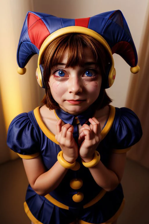 (1girl:1.3), (best quality:1.4),(shiny skin), body focus, (((best quality))), illustration, ((Beautiful Finger)), Beautiful body, Beautiful character design, Colorful, ultra high res, highres, absurdres:1.2, bokeh:1.2, lens flare, (vibrant_color:1.2),
(scared:1.2), (crying:1.2),
highest quality, 4k, high resolution, sharp image, clarity, masterpiece, sunny day, partial shade, golden light,
perfect skin,
gloves, puffy short sleeves, blue eyes,
headphones, cat ears,
(hands up:1.3), (looking down:1.2), (from below:1.2), bracelet, choker, gamin chair, desktop, desktop computer, desktop screen monitor,
pomni, multicolored clothes, jester cap, puffy short sleeves, gloves, buttons, colored skin, symbol-shaped pupils, red eyes, blue eyes,
pomni,
rock_2_img