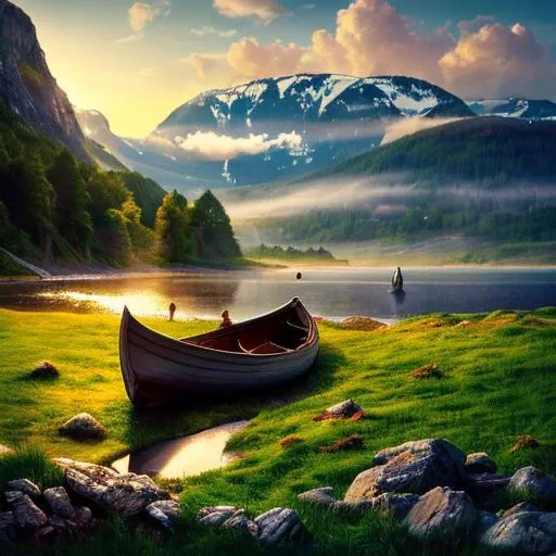 8k breathtaking view of a shored Viking Boat laying on grass, Njardar (Sognefjord) , milky haze, morning lake mist, masterpiece, award-winning, professional, highly detailed in yvonne coomber style, undefined