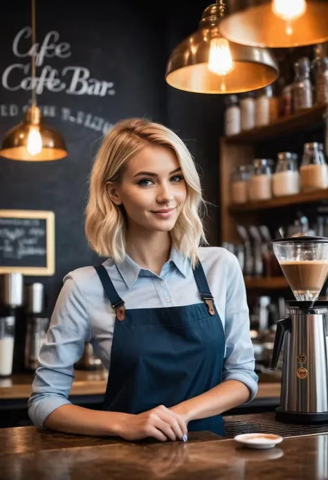 professional, (4k photo:1.1) , (Sharp focus:1.3), high detail, hourglass body shape, ,skinny girl, blonde hair, punk haircut, medium breasts, thin, petite, slender, very long legs,
blue eyes,
,((The Charming Barista, Behind the coffee bar, she crafts drinks with artful precision, her warm smile and engaging conversations turning the café into a haven of comfort and allure)), , <lora:spotlight:1> dark theme, looking to the side, silhouette, magical lighting, fantasy
